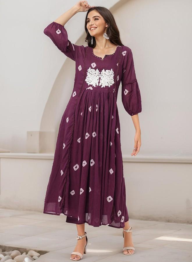 ISHIN Women'S Wine 100% Cotton Embroidered Tunic Full Length Palazzo Straight Fit Kurta Set - Image 5