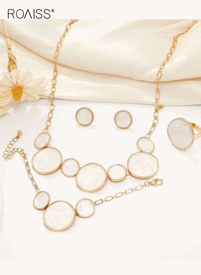 roaiss Women's 4PCS Niche Womens Jewelry Irregular Round Oil Drop White Bracelet Necklace Earring Ring Set Glossy Abstract Minimalist Bridal Party Gift Everyday Chic Statement Ensemble - Image 4