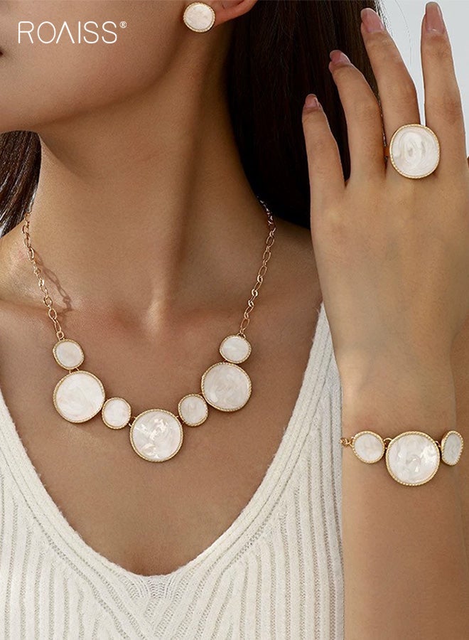 roaiss Women's 4PCS Niche Womens Jewelry Irregular Round Oil Drop White Bracelet Necklace Earring Ring Set Glossy Abstract Minimalist Bridal Party Gift Everyday Chic Statement Ensemble - Image 5
