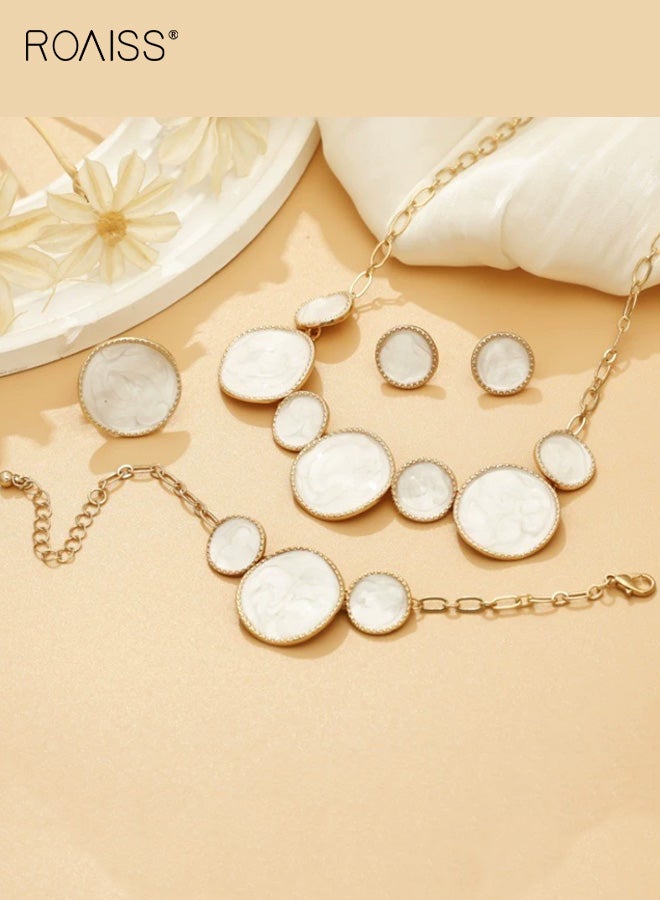 roaiss Women's 4PCS Niche Womens Jewelry Irregular Round Oil Drop White Bracelet Necklace Earring Ring Set Glossy Abstract Minimalist Bridal Party Gift Everyday Chic Statement Ensemble - Image 3
