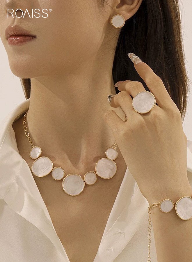 roaiss Women's 4PCS Niche Womens Jewelry Irregular Round Oil Drop White Bracelet Necklace Earring Ring Set Glossy Abstract Minimalist Bridal Party Gift Everyday Chic Statement Ensemble - Image 1