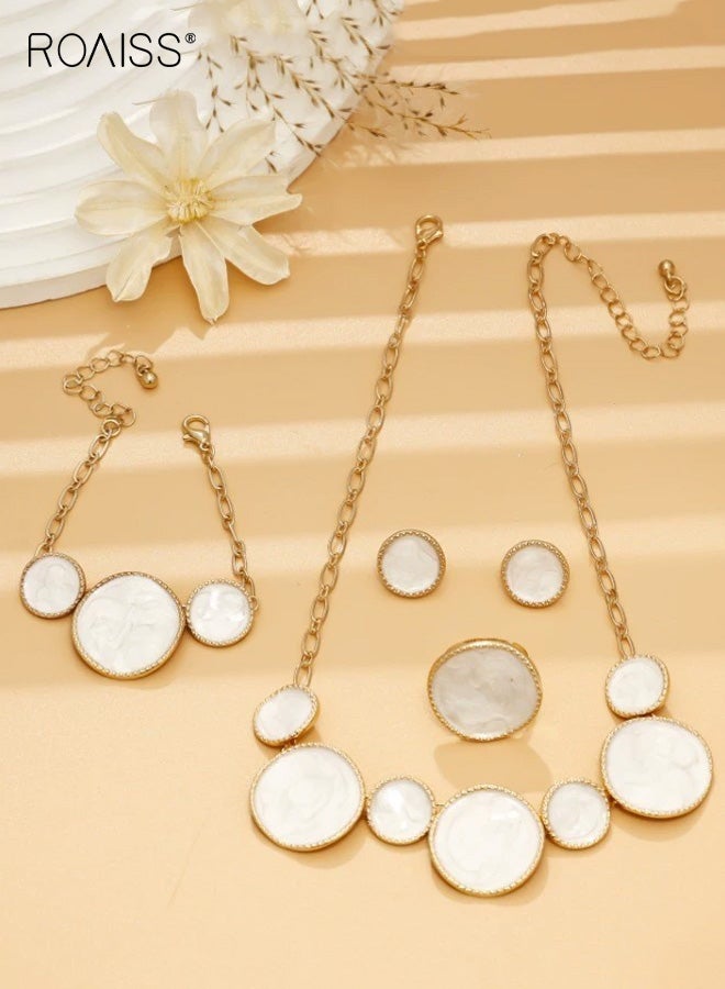 roaiss Women's 4PCS Niche Womens Jewelry Irregular Round Oil Drop White Bracelet Necklace Earring Ring Set Glossy Abstract Minimalist Bridal Party Gift Everyday Chic Statement Ensemble - Image 2
