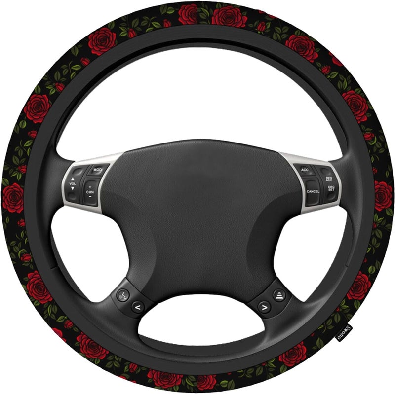 Swono Roses Red Car Steering Wheel Cover,Watercolor Red Roses with Green Leaves On The Black Safe Driving Anti-Slip Durable Steering Wheel Protection Case No Smell Universal 15 Inch - Image 2