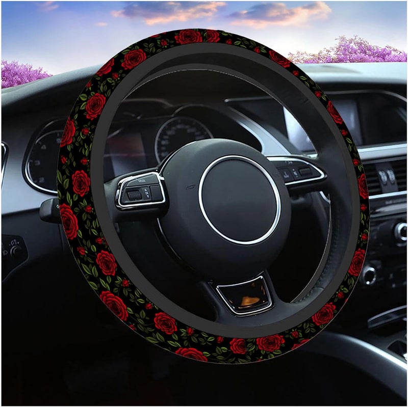 Swono Roses Red Car Steering Wheel Cover,Watercolor Red Roses with Green Leaves On The Black Safe Driving Anti-Slip Durable Steering Wheel Protection Case No Smell Universal 15 Inch - Image 1