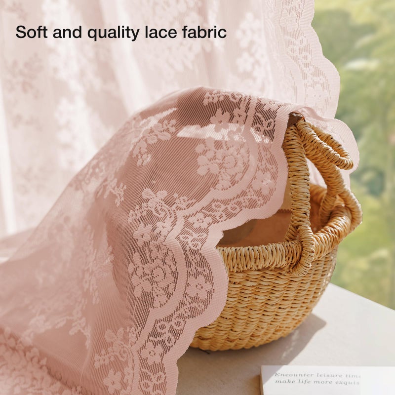 Anmao Vintage Lace Curtains 63 Inches Long 2 Panels Set, Romantic Elegant Light Filtering Semi Sheer Floral Thick Lacy Curtain Drapes for Living Room and Bedroom, Each Panel 55W x 63L, Blush Pink - Image 4