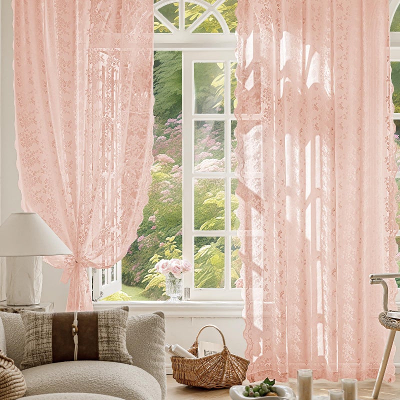 Anmao Vintage Lace Curtains 63 Inches Long 2 Panels Set, Romantic Elegant Light Filtering Semi Sheer Floral Thick Lacy Curtain Drapes for Living Room and Bedroom, Each Panel 55W x 63L, Blush Pink - Image 5