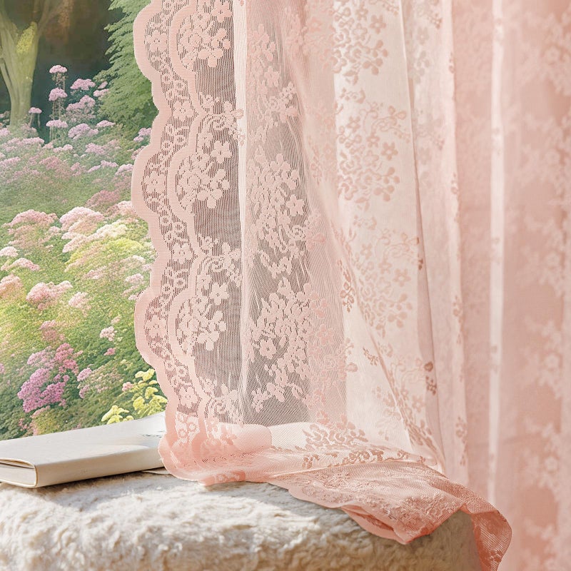 Anmao Vintage Lace Curtains 63 Inches Long 2 Panels Set, Romantic Elegant Light Filtering Semi Sheer Floral Thick Lacy Curtain Drapes for Living Room and Bedroom, Each Panel 55W x 63L, Blush Pink - Image 1