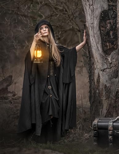 Scarlet Darkness Women Renaissance Hooded Cape Medieval Cloak Hobbit Halloween Costume Black - Image 4