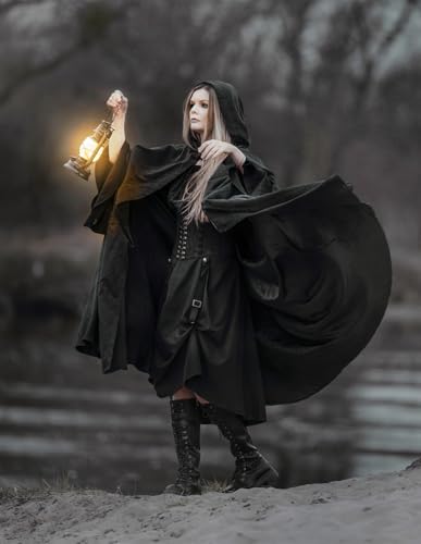 Scarlet Darkness Women Renaissance Hooded Cape Medieval Cloak Hobbit Halloween Costume Black - Image 5
