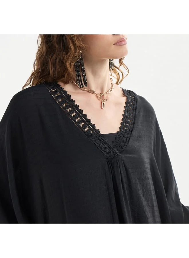 Splash FAV Solid Midi Kaftan Dress with Long Sleeves and Lace Detail
