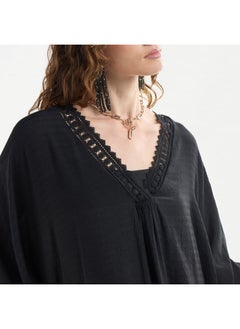 FAV Solid Midi Kaftan Dress with Long Sleeves and Lace Detail  - Image 4