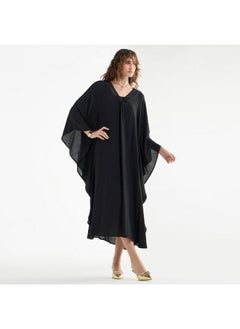 FAV Solid Midi Kaftan Dress with Long Sleeves and Lace Detail  - Image 2