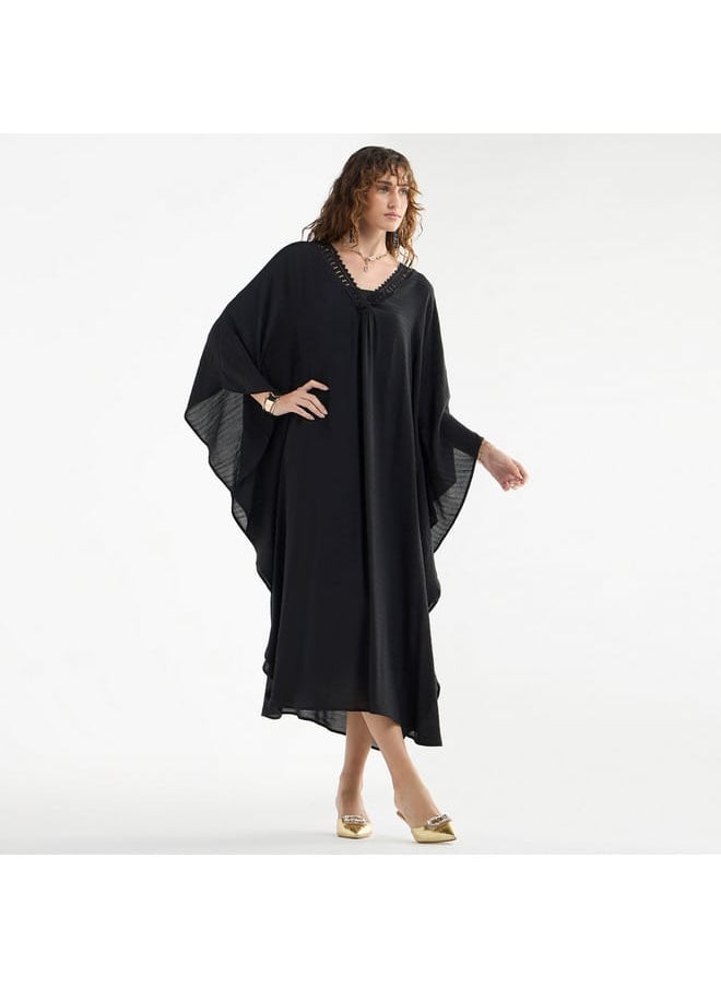 FAV - Solid Midi Kaftan Dress with Long Sleeves and Lace Detail - Image 1