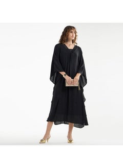 FAV Solid Midi Kaftan Dress with Long Sleeves and Lace Detail  - Image 1