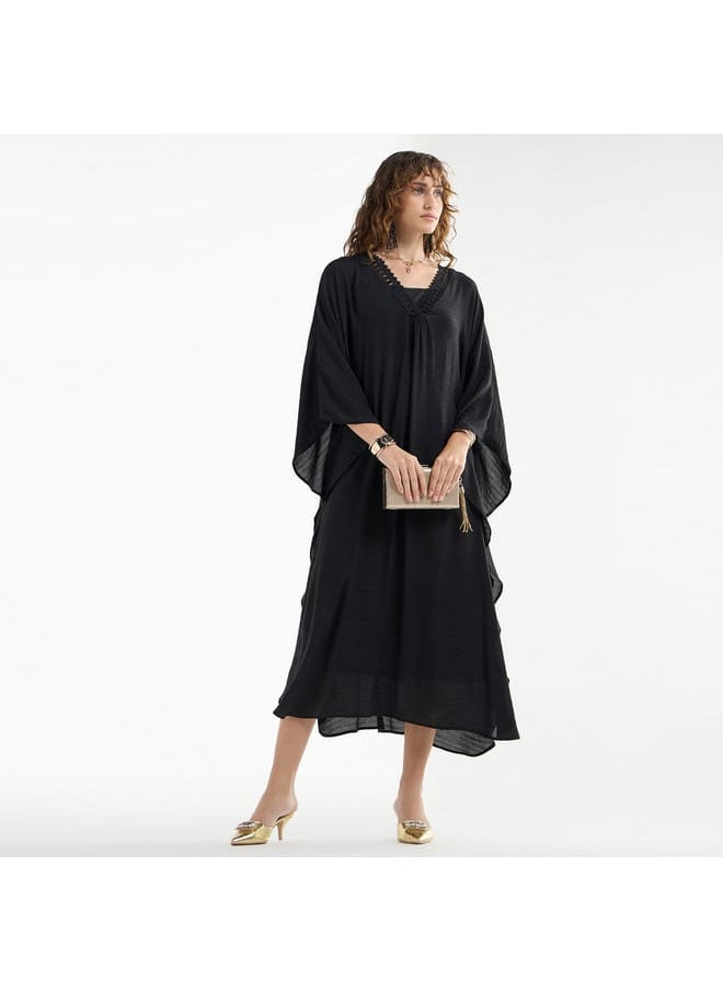 FAV - Solid Midi Kaftan Dress with Long Sleeves and Lace Detail - Image 1