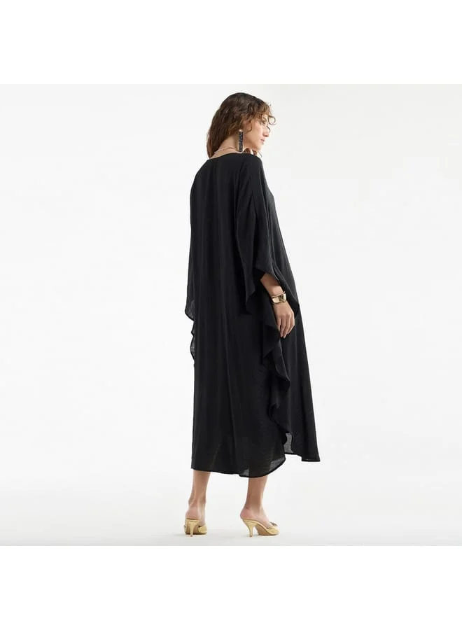 Splash FAV Solid Midi Kaftan Dress with Long Sleeves and Lace Detail