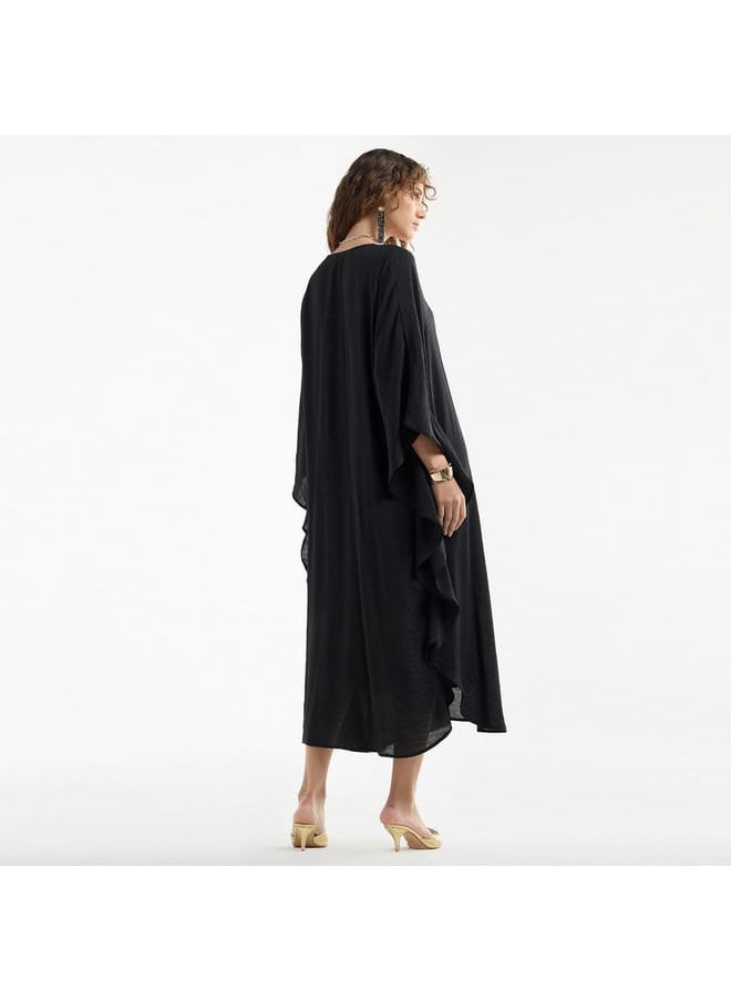 FAV - Solid Midi Kaftan Dress with Long Sleeves and Lace Detail - Image 1