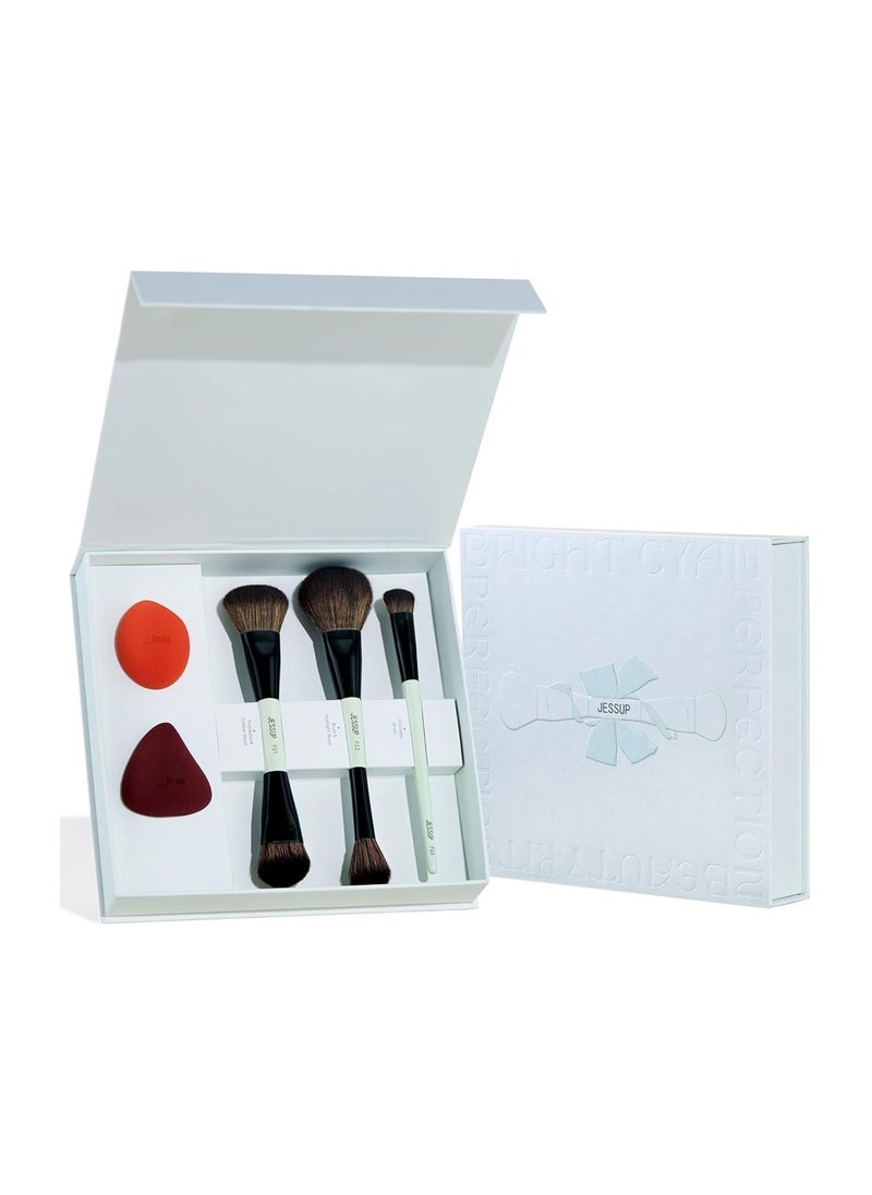 Jessup Jessup Makeup Brushes 5pcs, 3pcs Double Sided Face Makeup Brush Set, 2pcs Makeup Sponges, Premium Vegan Foundation Contour Blush Highlight Concealer Brush Gift Packaging T510  - Image 1