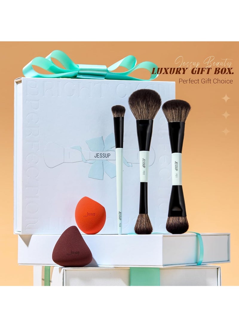 Jessup Jessup Makeup Brushes 5pcs, 3pcs Double Sided Face Makeup Brush Set, 2pcs Makeup Sponges, Premium Vegan Foundation Contour Blush Highlight Concealer Brush Gift Packaging T510  - Image 2