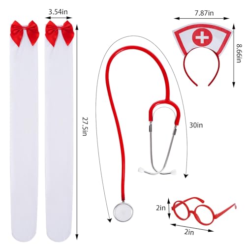 mifengda Nurse Costume Halloween Women Costume Accessories Red Nurse Hat Headband Cosplay Outfit Set Includes Headband Glasses Stethoscope High Sock for Halloween Cosplay Party - Image 2