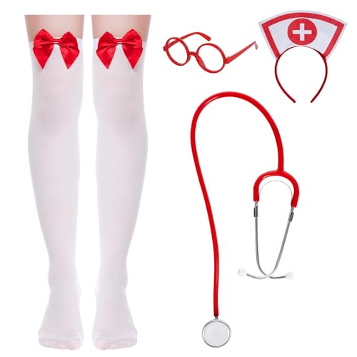 mifengda Nurse Costume Halloween Women Costume Accessories Red Nurse Hat Headband Cosplay Outfit Set Includes Headband Glasses Stethoscope High Sock for Halloween Cosplay Party - Image 1