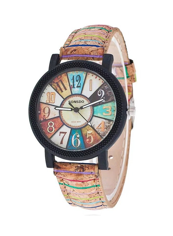 SONSDO Wood Grain Dial Vintage Women Watch – Korean Minimalist Leather Strap Wristwatch with Retro Striped Pattern (Natural Tree Texture Design) - Image 1
