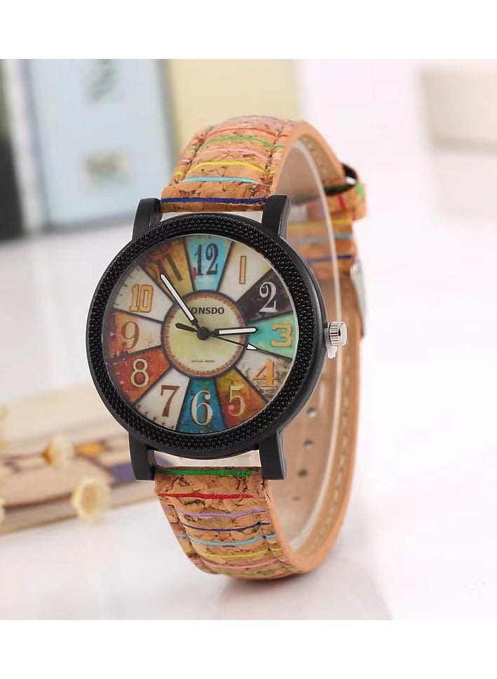 SONSDO Wood Grain Dial Vintage Women Watch – Korean Minimalist Leather Strap Wristwatch with Retro Striped Pattern (Natural Tree Texture Design) - Image 2