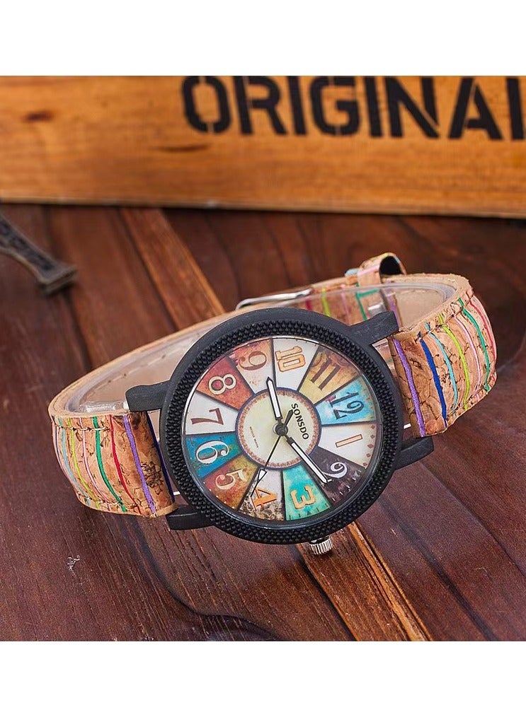 SONSDO Wood Grain Dial Vintage Women Watch – Korean Minimalist Leather Strap Wristwatch with Retro Striped Pattern (Natural Tree Texture Design) - Image 3