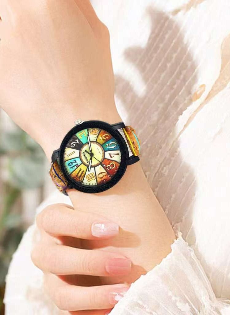 SONSDO Wood Grain Dial Vintage Women Watch – Korean Minimalist Leather Strap Wristwatch with Retro Striped Pattern (Natural Tree Texture Design) - Image 4