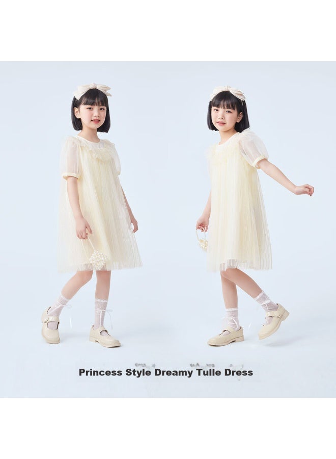 Qq Duck Girls' Dress, Children's Summer Short-sleeve Princess Tulle Dress, Gold Thread A-line Skirt, Gold Color; 140 - Image 2