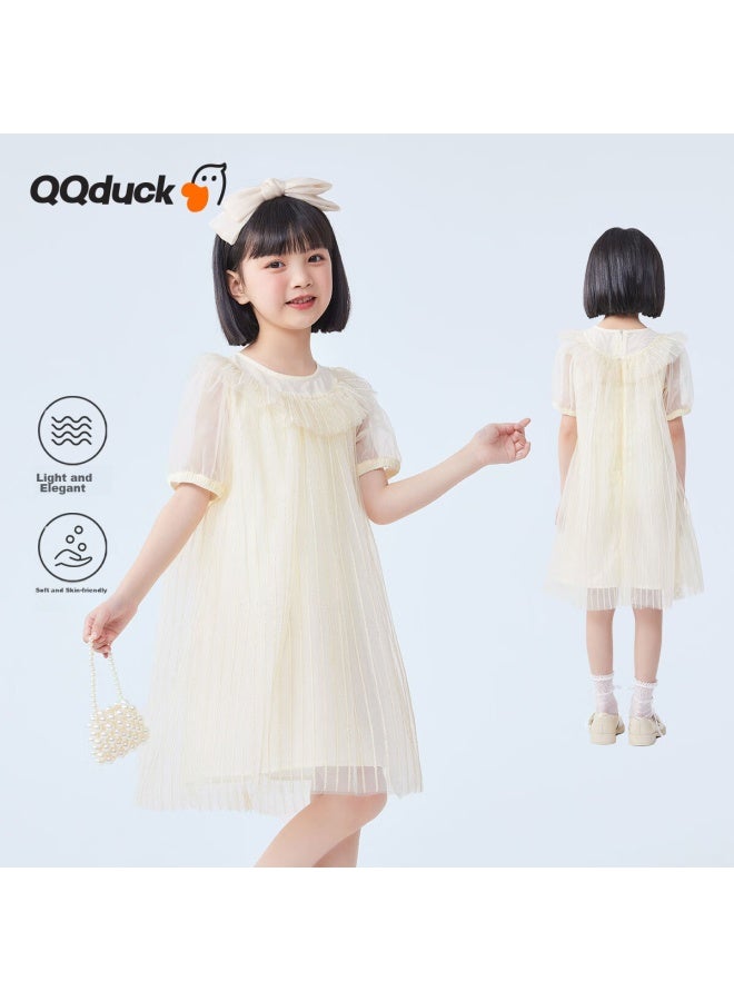 Qq Duck Girls' Dress, Children's Summer Short-sleeve Princess Tulle Dress, Gold Thread A-line Skirt, Gold Color; 140 - Image 1