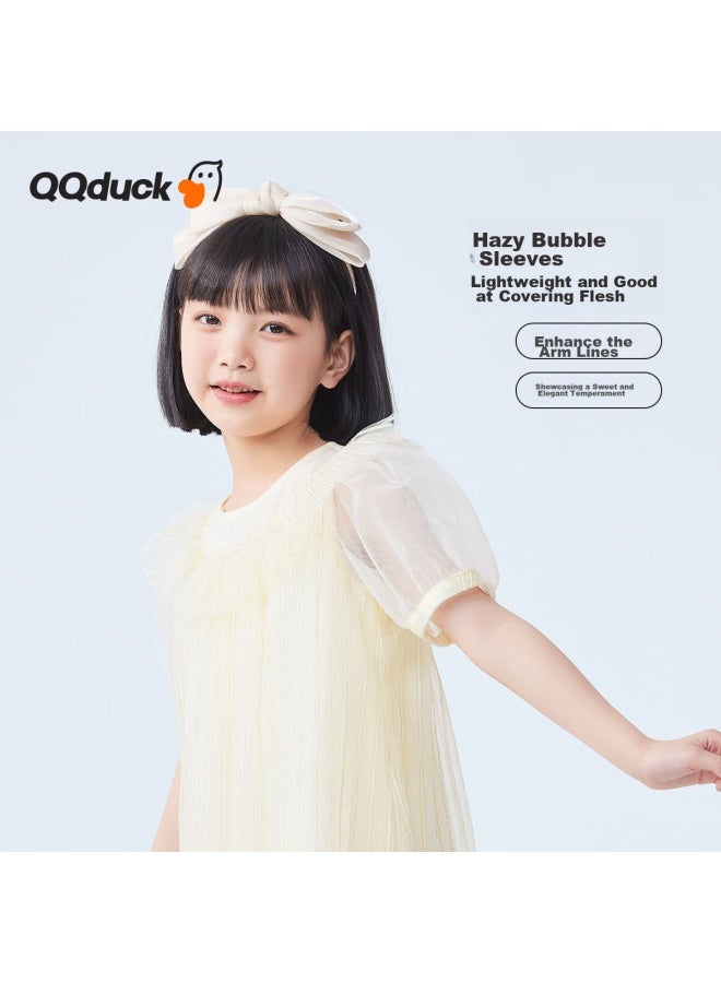Qq Duck Girls' Dress, Children's Summer Short-sleeve Princess Tulle Dress, Gold Thread A-line Skirt, Gold Color; 140 - Image 4