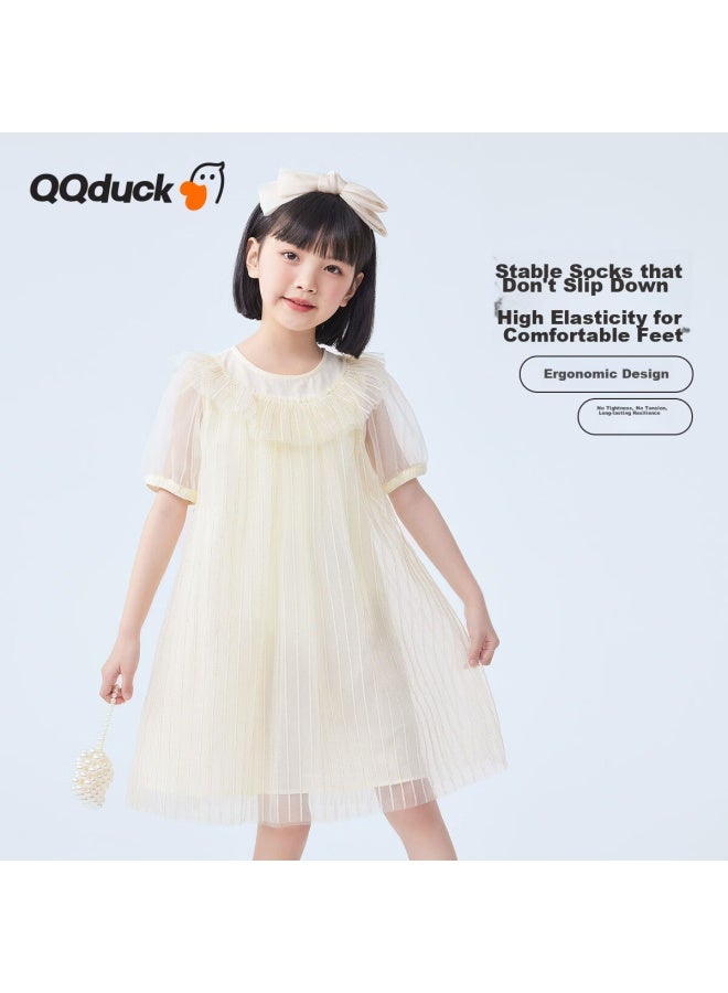 Qq Duck Girls' Dress, Children's Summer Short-sleeve Princess Tulle Dress, Gold Thread A-line Skirt, Gold Color; 140 - Image 5