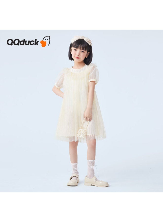 Qq Duck Girls' Dress, Children's Summer Short-sleeve Princess Tulle Dress, Gold Thread A-line Skirt, Gold Color; 140 - Image 3