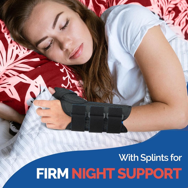 FEATOL Carpal Tunnel Wrist Brace Night Support, Thumb Spica Splint Right Hand for De Quervains Tenosynovitis, Tendonitis, Thumb Brace for Women Men, Black Blue, Small/Medium - Image 5