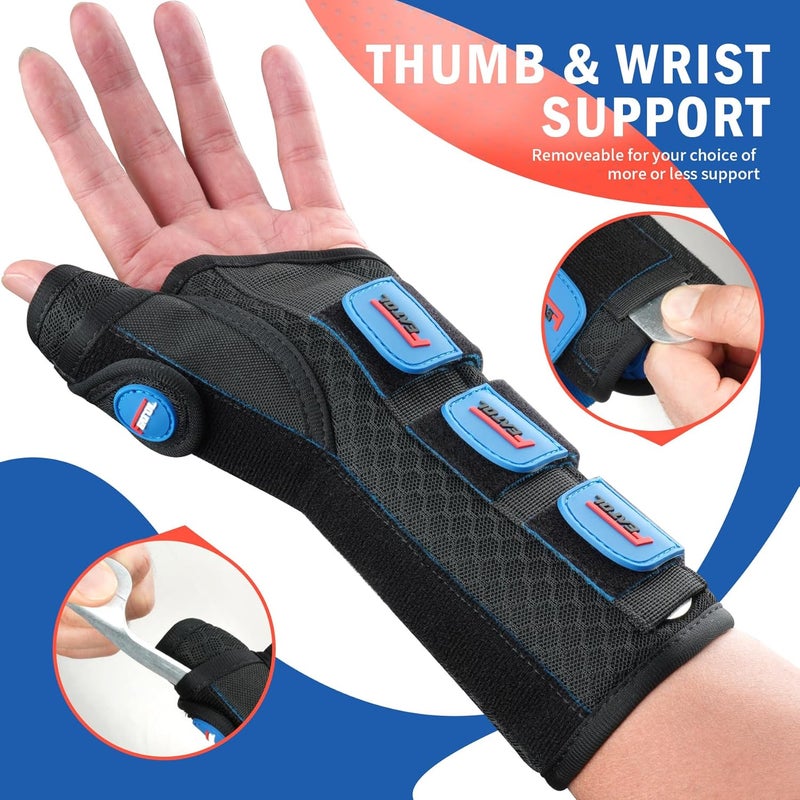 FEATOL Carpal Tunnel Wrist Brace Night Support, Thumb Spica Splint Right Hand for De Quervains Tenosynovitis, Tendonitis, Thumb Brace for Women Men, Black Blue, Small/Medium - Image 3
