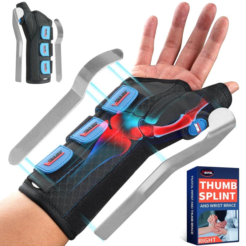 FEATOL Carpal Tunnel Wrist Brace Night Support, Thumb Spica Splint Right Hand for De Quervains Tenosynovitis, Tendonitis, Thumb Brace for Women Men, Black Blue, Small/Medium - Image 1
