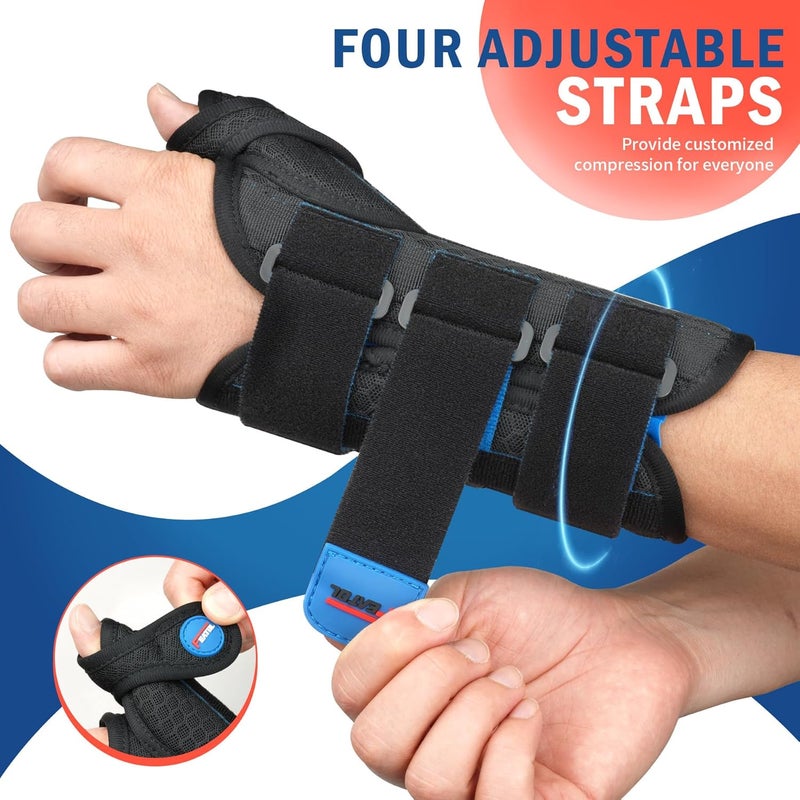 FEATOL Carpal Tunnel Wrist Brace Night Support, Thumb Spica Splint Right Hand for De Quervains Tenosynovitis, Tendonitis, Thumb Brace for Women Men, Black Blue, Small/Medium - Image 4