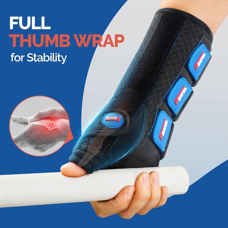 FEATOL Carpal Tunnel Wrist Brace Night Support, Thumb Spica Splint Right Hand for De Quervains Tenosynovitis, Tendonitis, Thumb Brace for Women Men, Black Blue, Small/Medium - Image 2