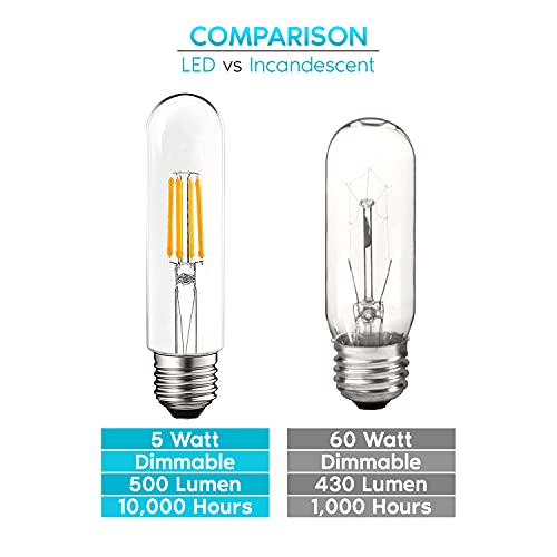 LUXRITE T10 LED Bulb, 5W=60W Equivalent, 2700K Warm White, Vintage Edison Filament Bulb, 500 Lumens, Tubular Light Bulb, Damp Rated, UL Listed, E26 Standard Base (3 Pack) - Image 3