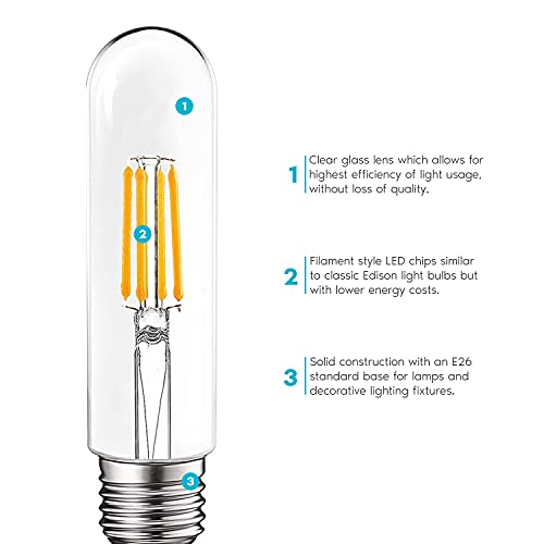LUXRITE T10 LED Bulb, 5W=60W Equivalent, 2700K Warm White, Vintage Edison Filament Bulb, 500 Lumens, Tubular Light Bulb, Damp Rated, UL Listed, E26 Standard Base (3 Pack) - Image 4