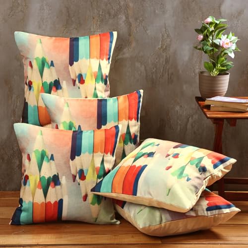 ROMEE Designer Pencil Printed Cushion Cover 16 inch x 16 inch Set of 5 | Decorative Square Jute Throw Pillow/Cushion Cover for Living Room, Sofa, Couch, Bedroom (Multicolor) - Image 1