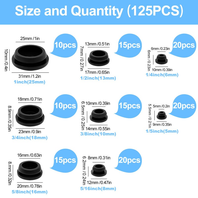 Oacdiel 125Pcs Rubber Plugs for Round Holes, Durable and Long Service Life, 8 Sizes Hole Plugs 1" 3/4" 5/8" 1/2" 3/8" 5/16" 1/4" 1/5", Snap Locking Silicone Rubber Hole Plugs Kit for Car Wiring Furniture - Image 2