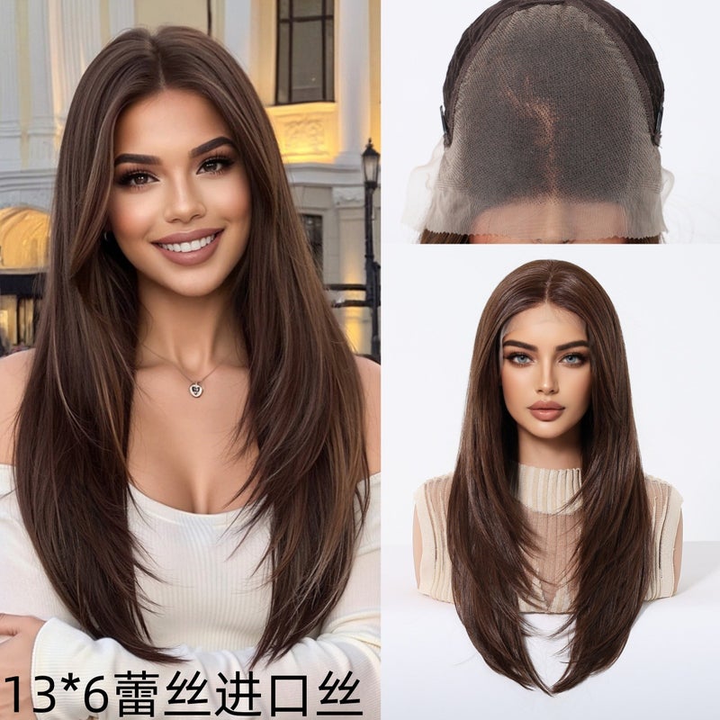 EMMOR Cross-Border 13*6 Lace Blue Shore Full Head Wig, Brown Medium-Length Straight Hair with Matte High-Temperature Fiber - Image 2