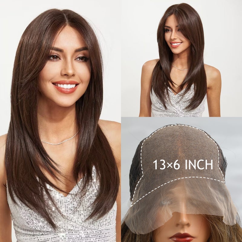 EMMOR Cross-Border 13*6 Lace Blue Shore Full Head Wig, Brown Medium-Length Straight Hair with Matte High-Temperature Fiber - Image 5