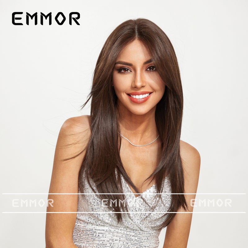 EMMOR Cross-Border 13*6 Lace Blue Shore Full Head Wig, Brown Medium-Length Straight Hair with Matte High-Temperature Fiber - Image 1