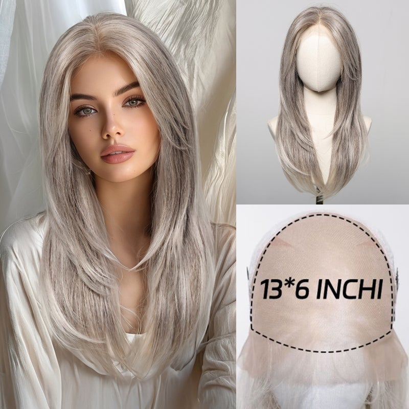 EMMOR Cross-Border 13*6 Lace Blue Shore Full Head Wig, Brown Medium-Length Straight Hair with Matte High-Temperature Fiber - Image 4