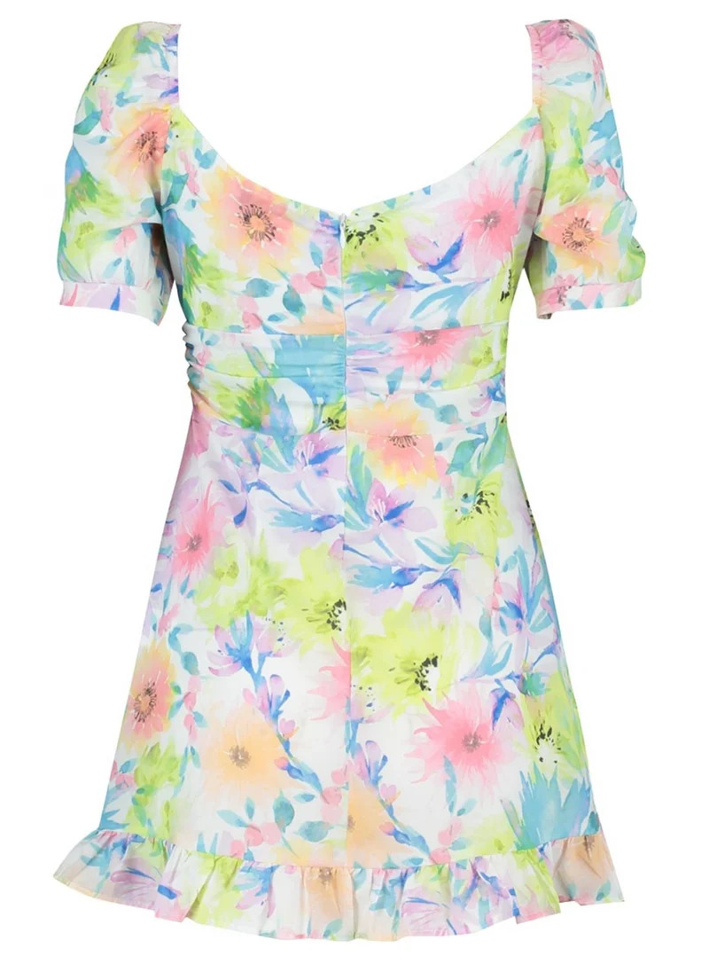 trendyol Tie Detail Puff Sleeve Floral Print Dress