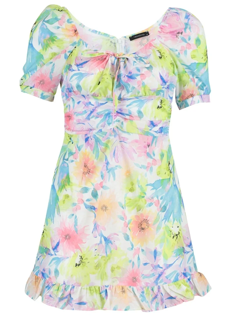 trendyol Tie Detail Puff Sleeve Floral Print Dress