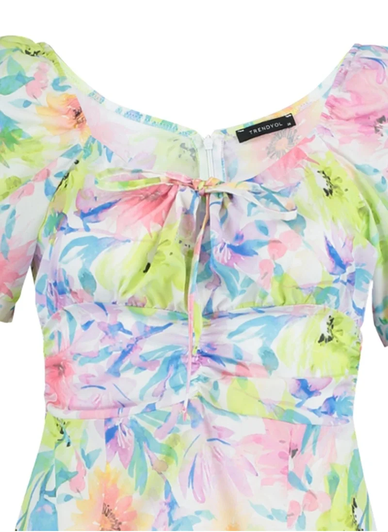 trendyol Tie Detail Puff Sleeve Floral Print Dress